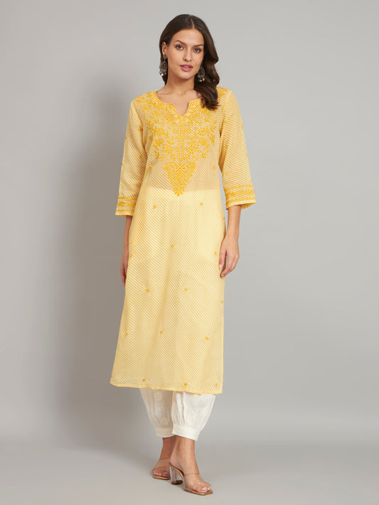 Yellow Leheriya Print Chikankari Kurta