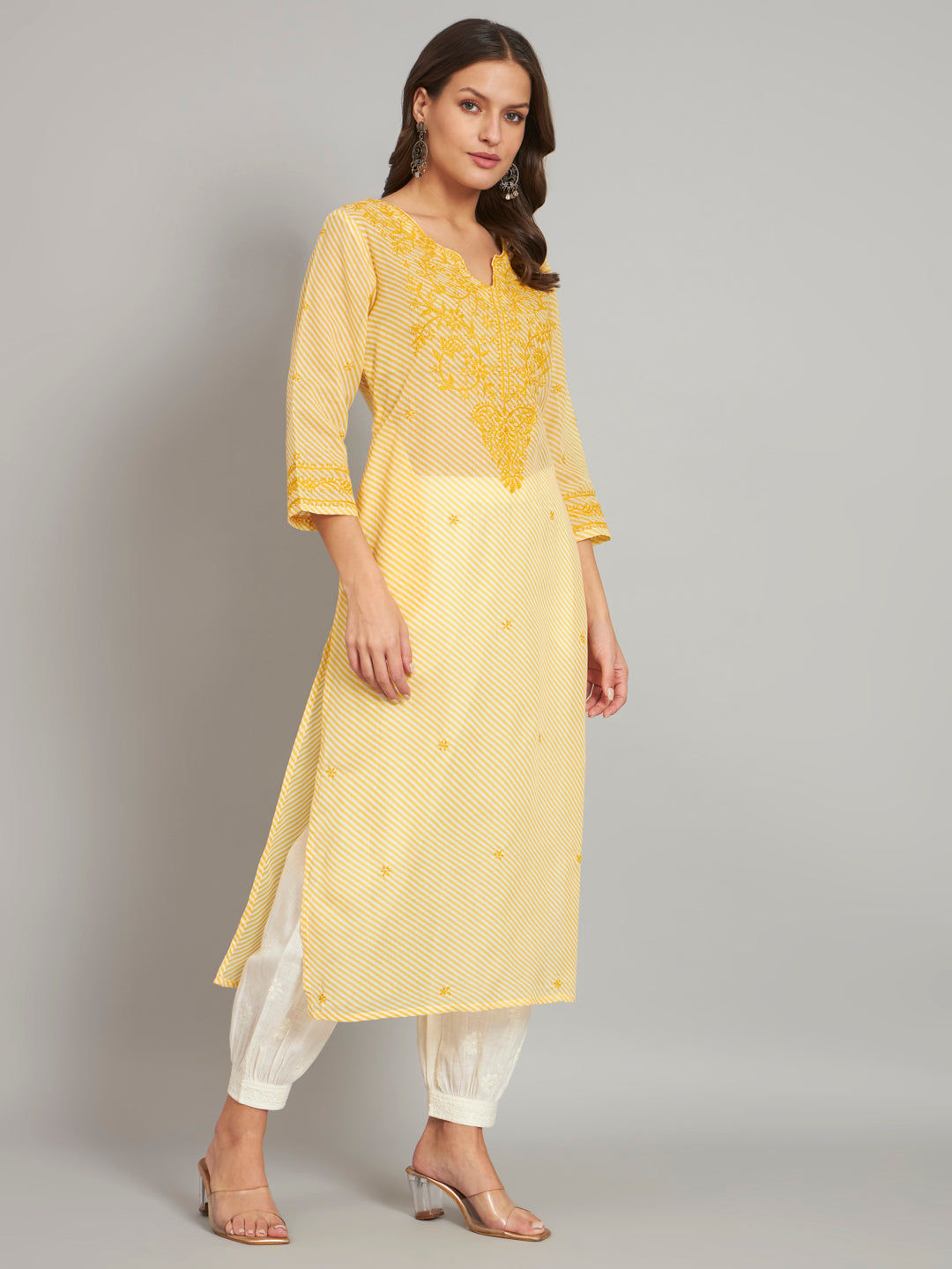 Yellow Leheriya Print Chikankari Kurta