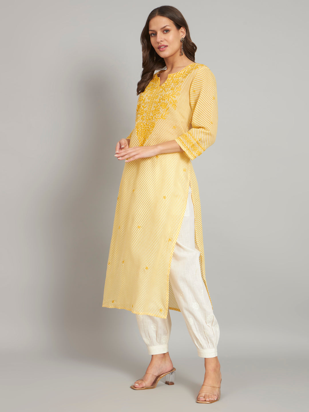 Yellow Leheriya Print Chikankari Kurta