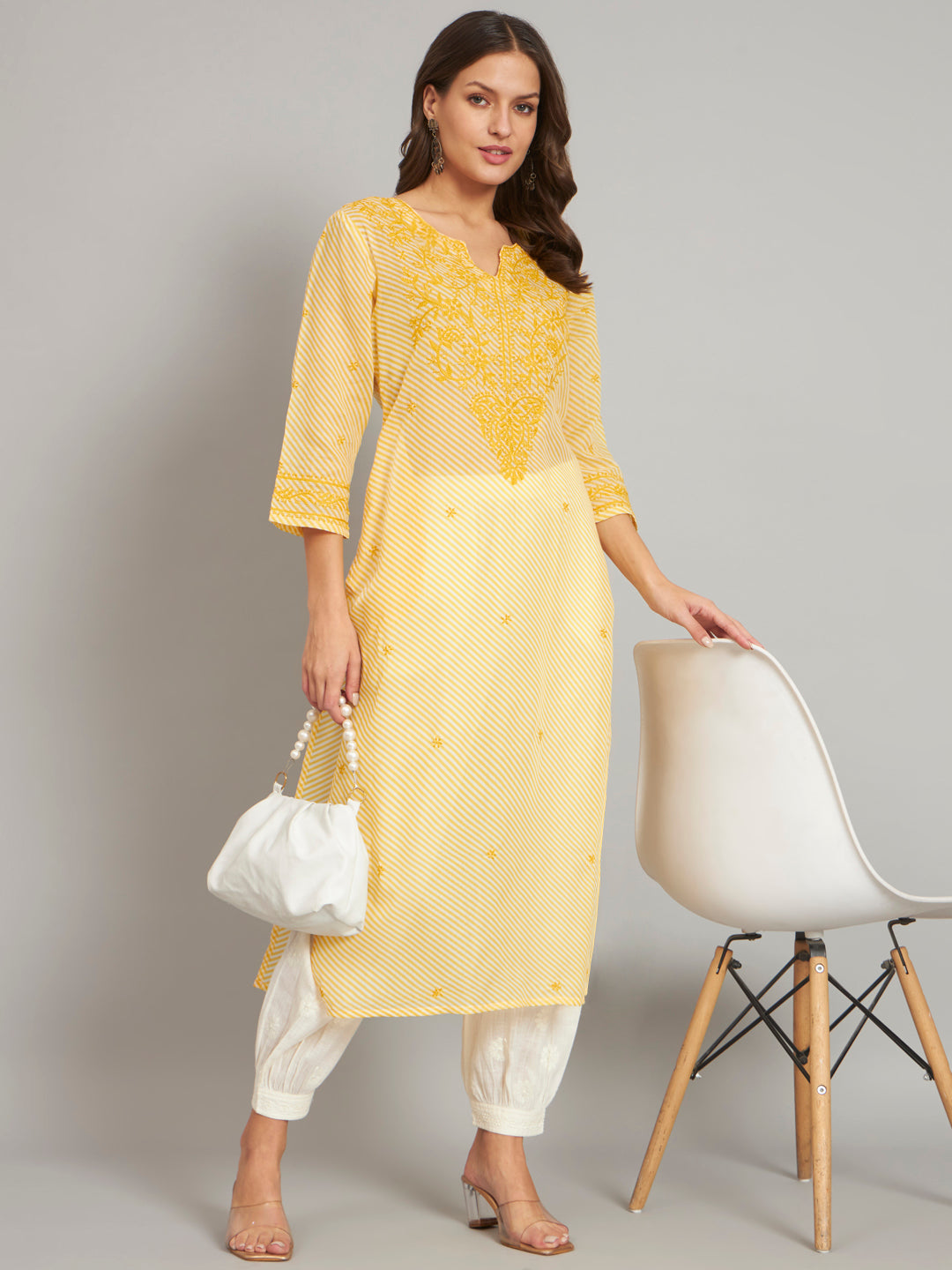 Yellow Leheriya Print Chikankari Kurta