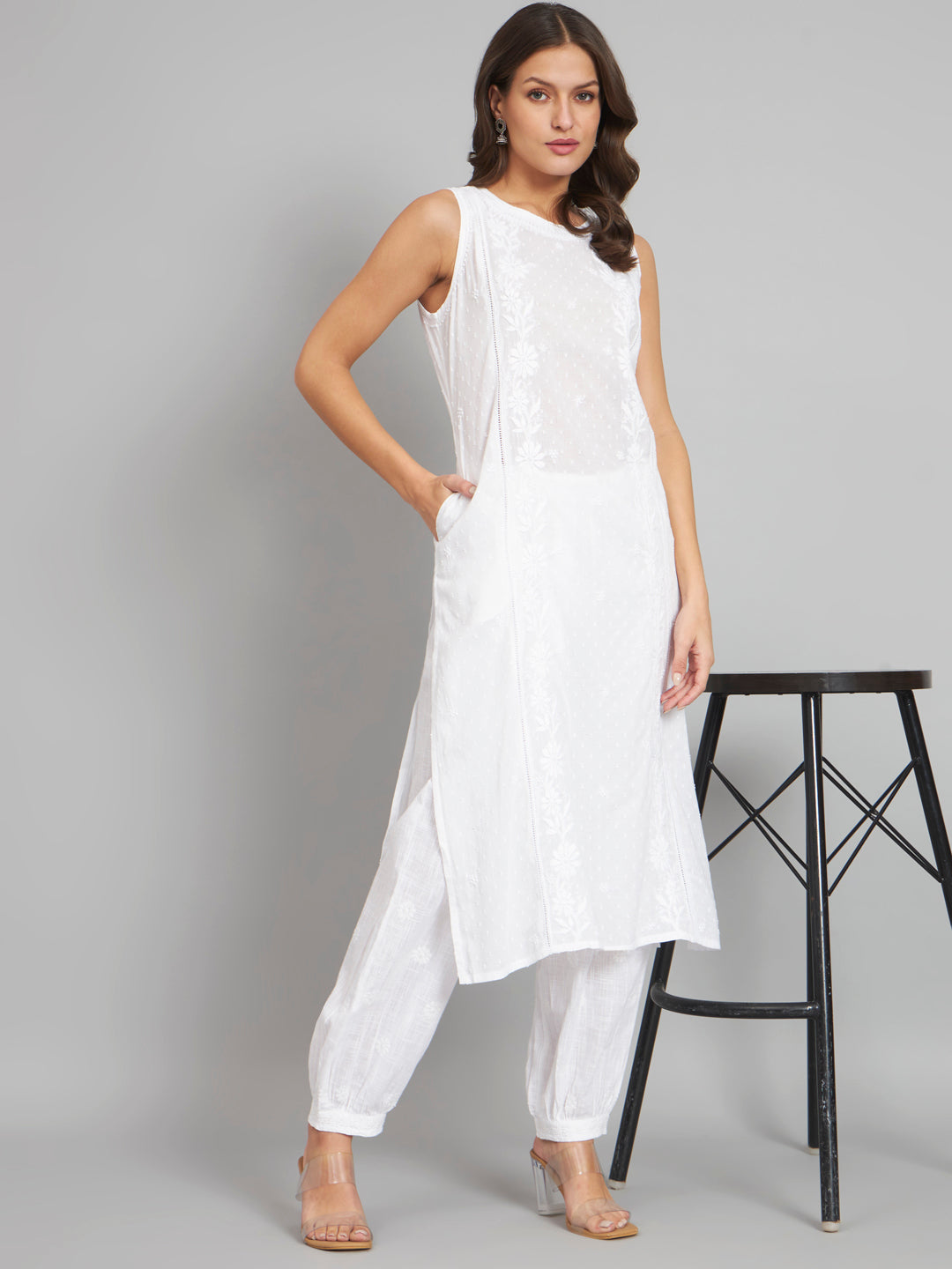 White Chikankari Kurta with Pockets