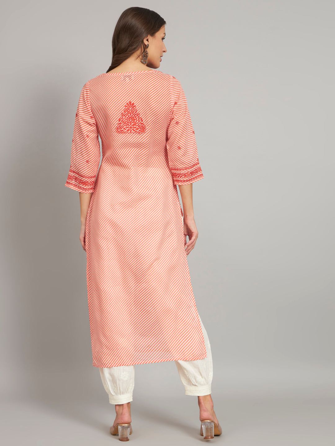 Orange Leheriya Print Chikankari Kurta