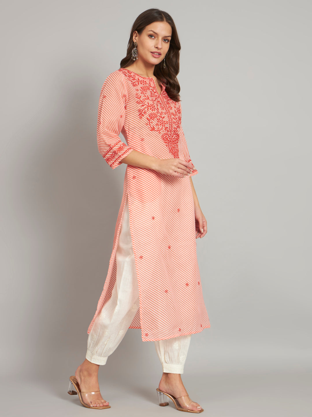 Orange Leheriya Print Chikankari Kurta