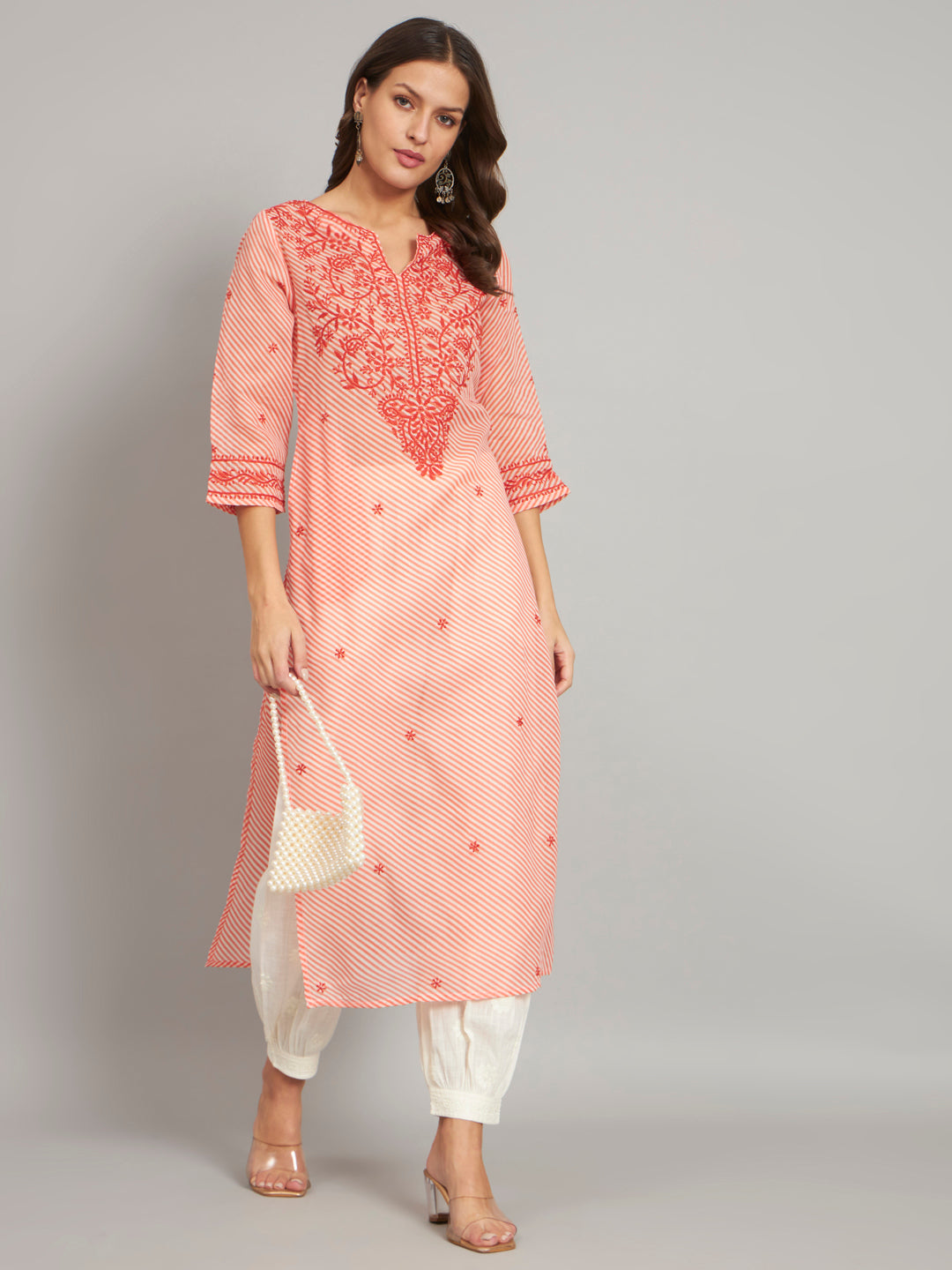 Orange Leheriya Print Chikankari Kurta