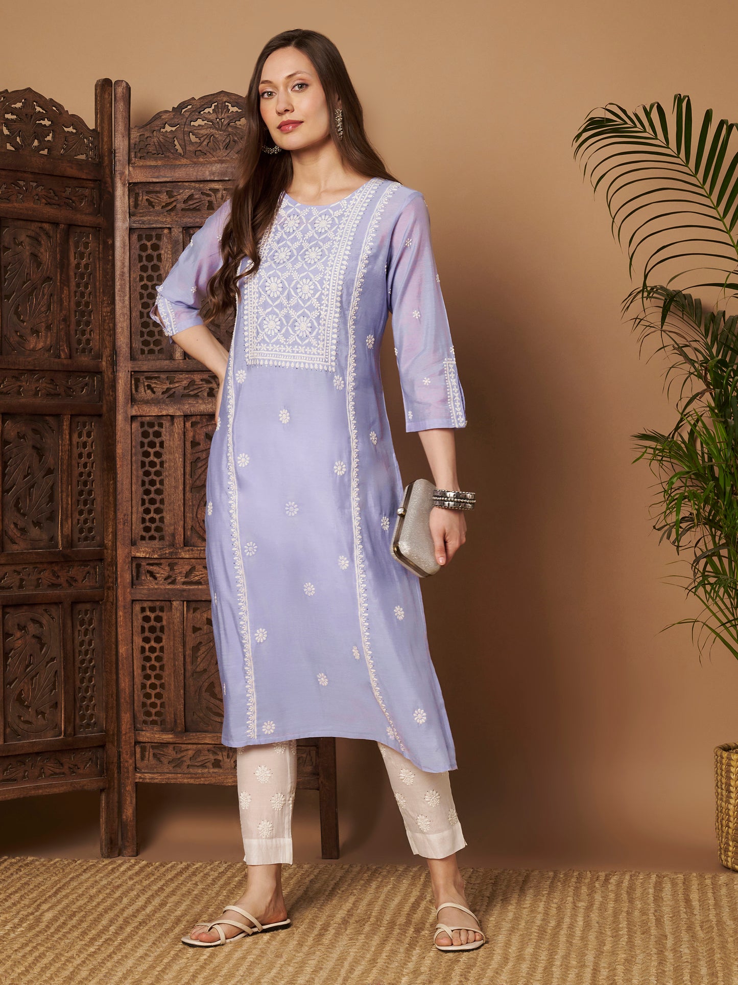 Lavender Chanderi Silk Embroidered Kurta