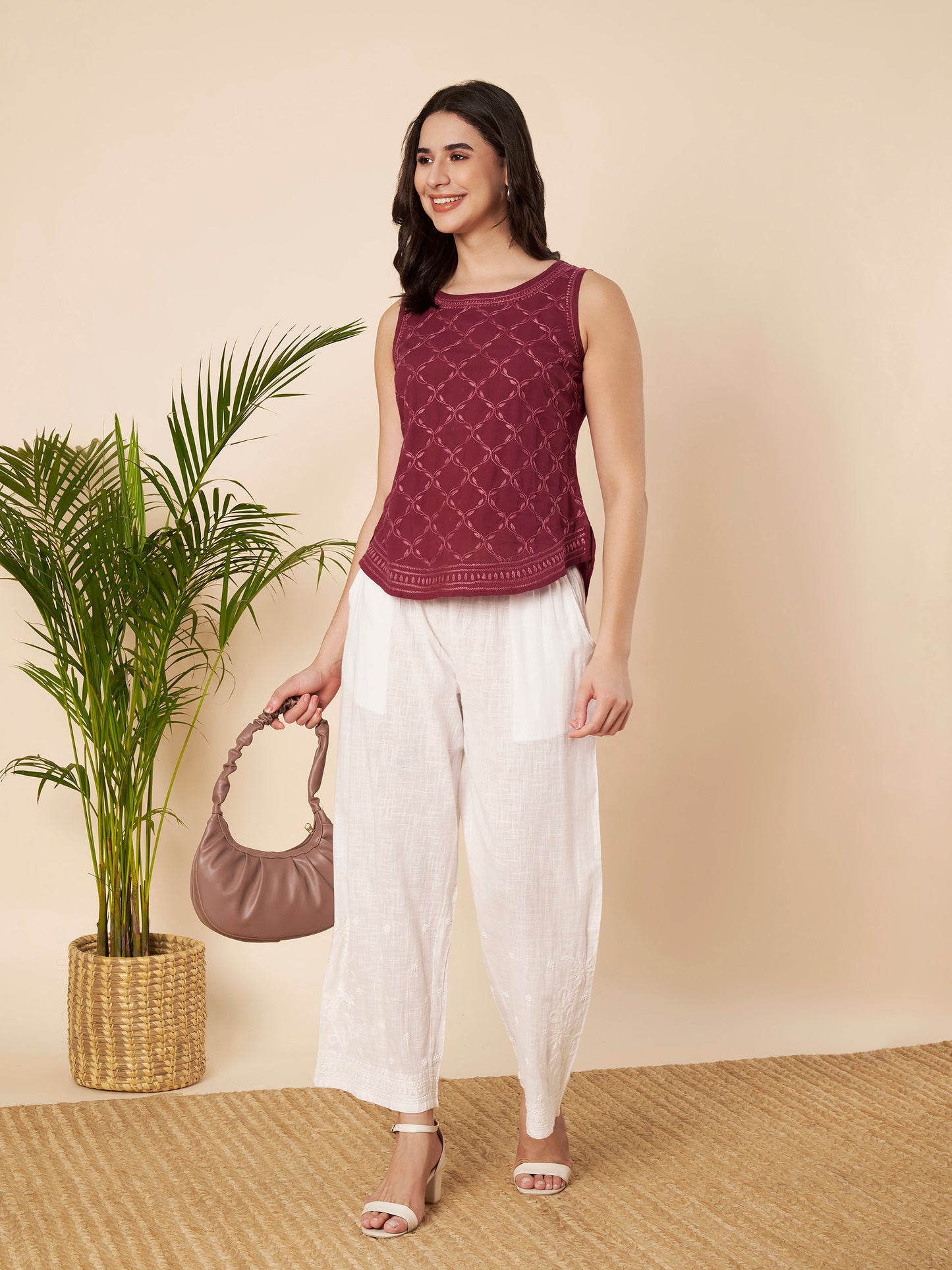 Maroon Hand-embroidered Chikankari Top