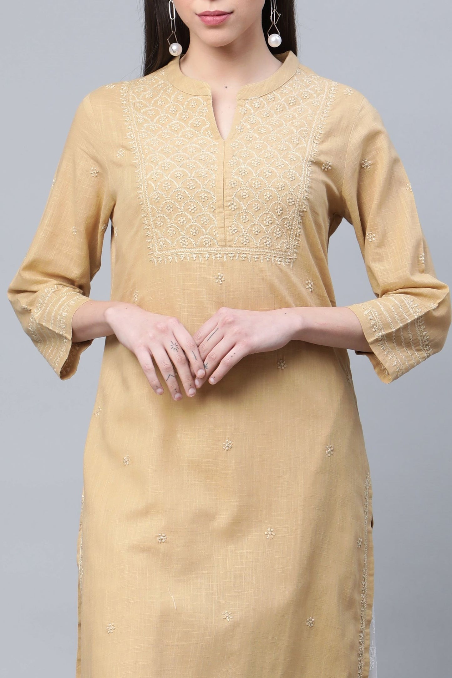 Beige Cotton Chikankari Straight Kurta