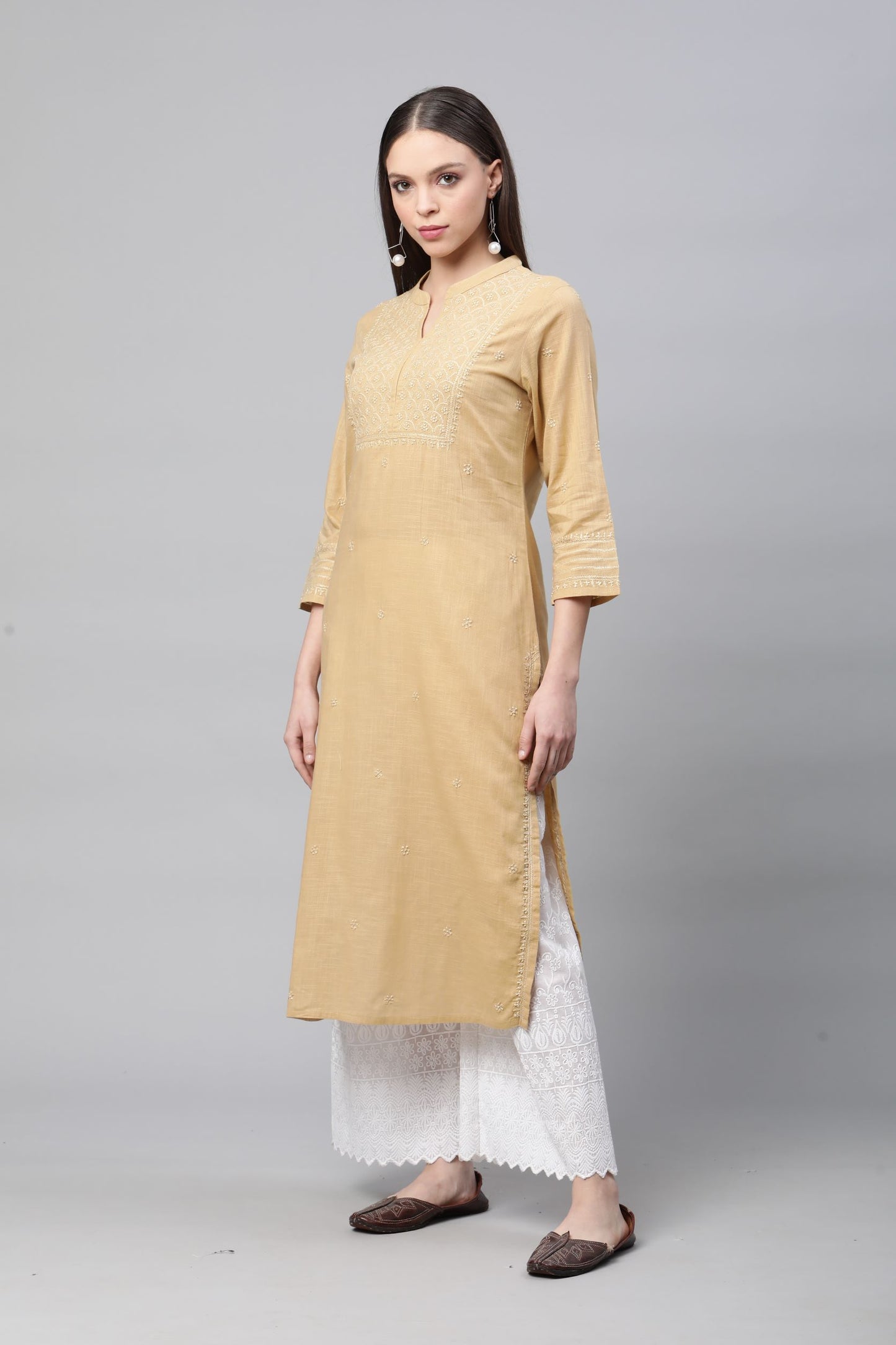 Beige Cotton Chikankari Straight Kurta