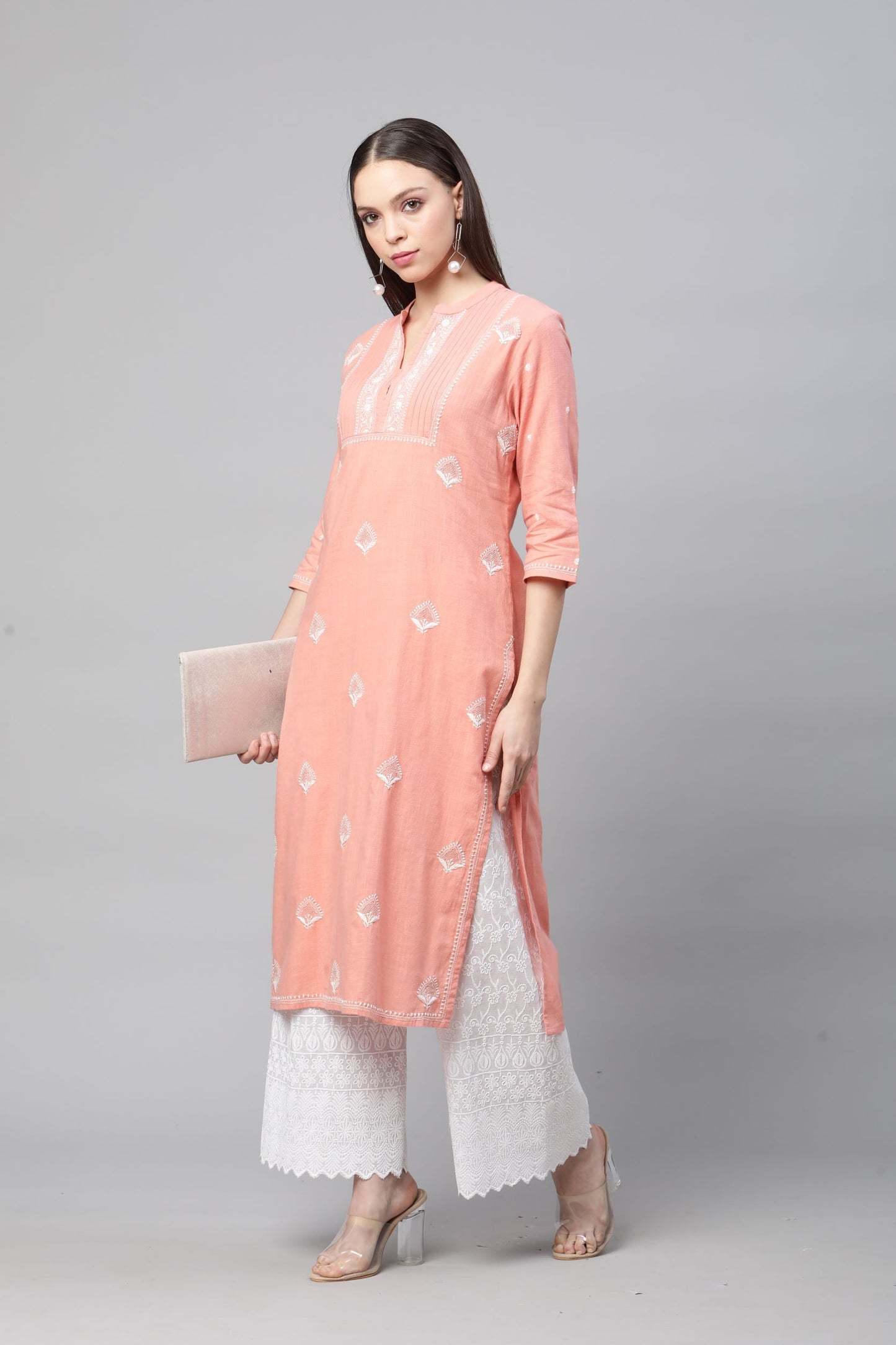 Peach Chikankari Straight Kurta