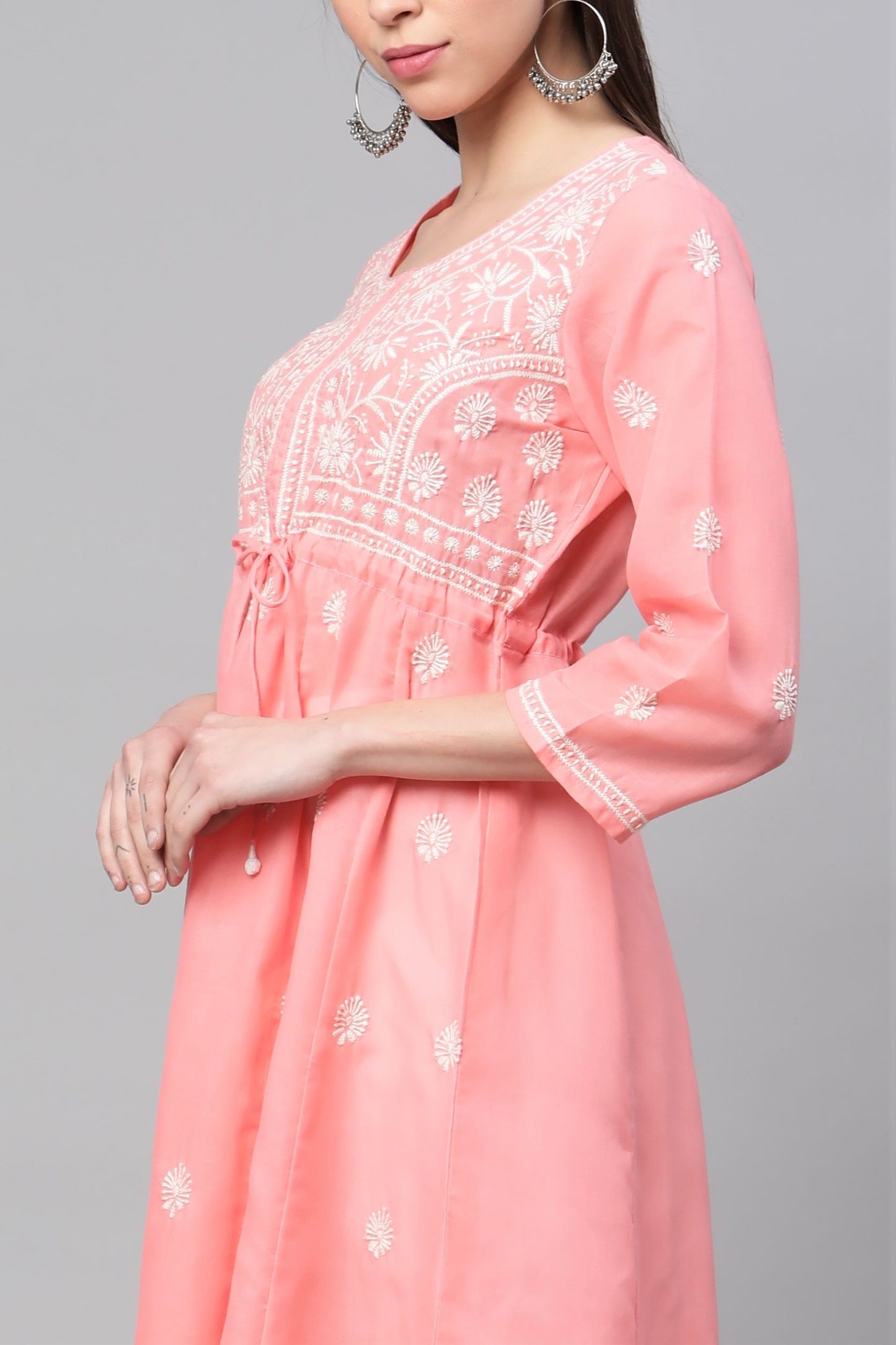 Pink Chikankari Flared Kurta with Waist Tie-Ups