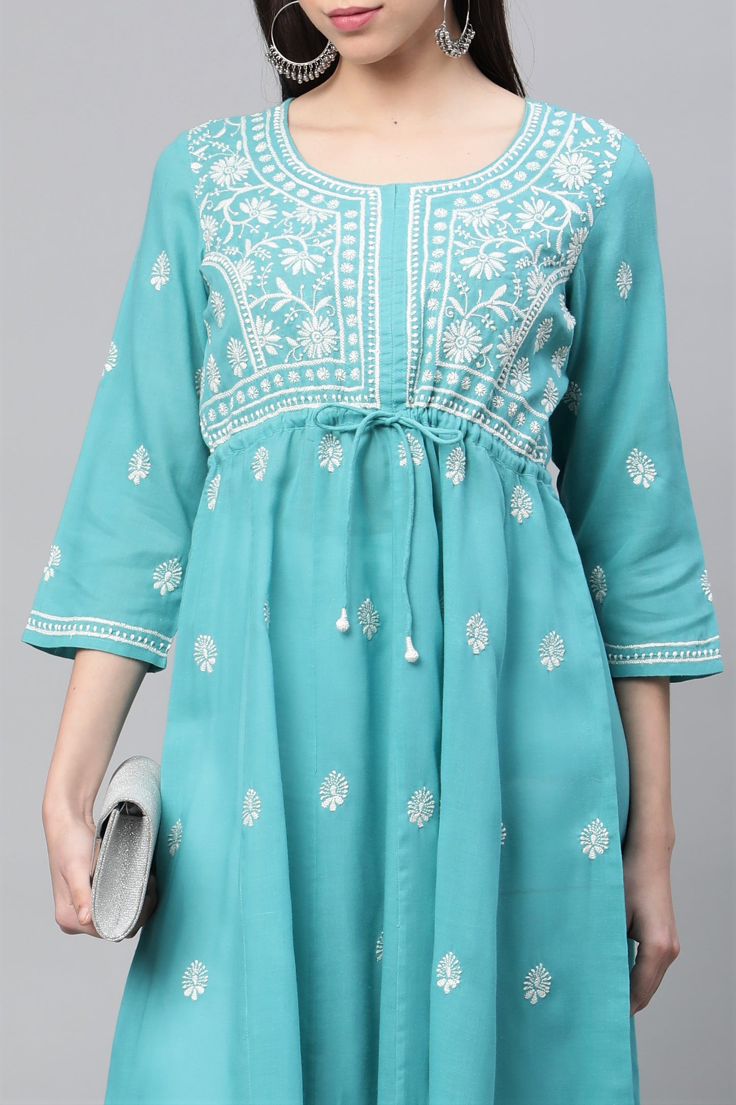 Blue Chikankari A-line Kurta with Waist Tie-Ups