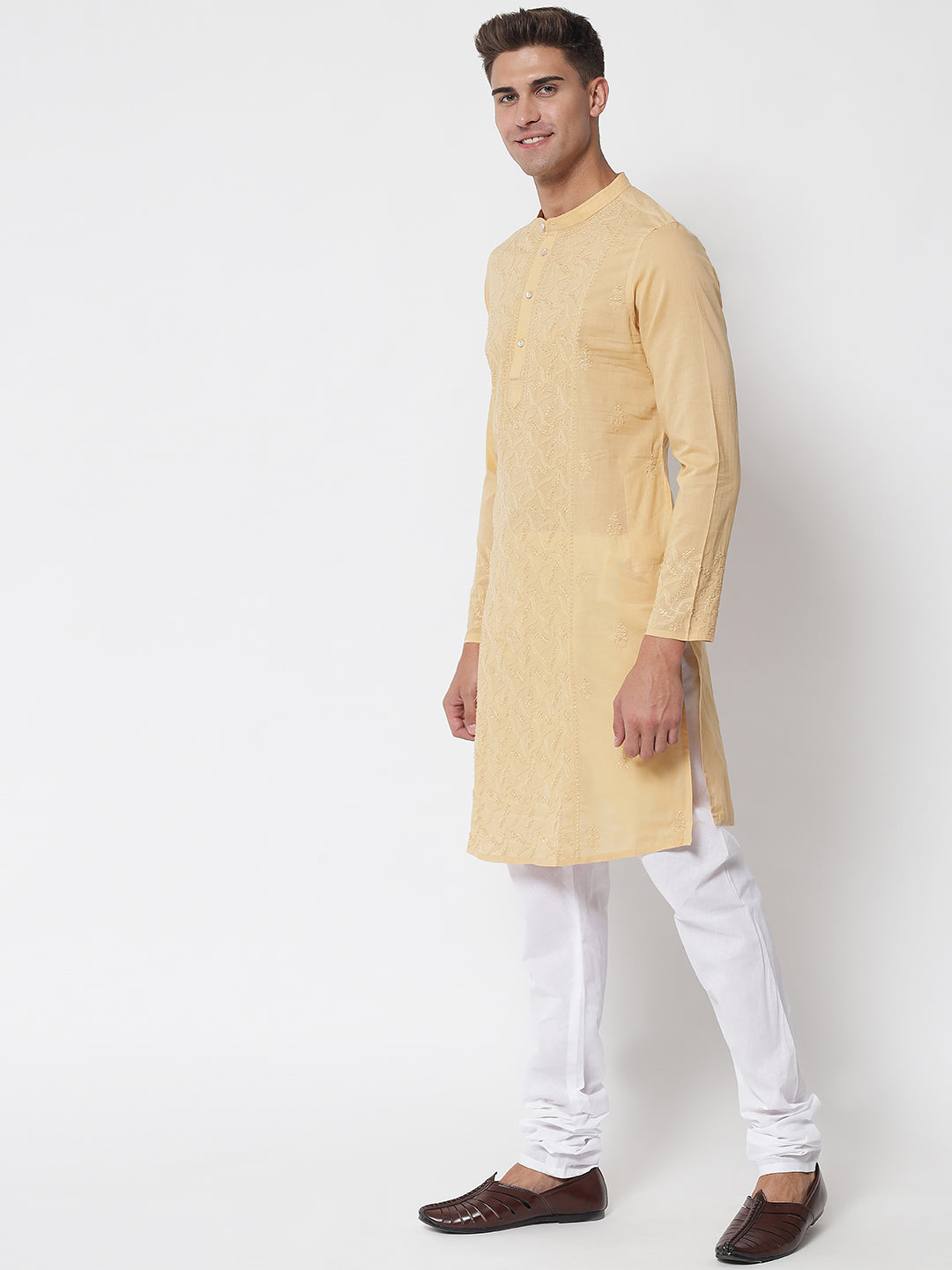Men's Beige Chikankari Kurta with Central Panel Embroidery