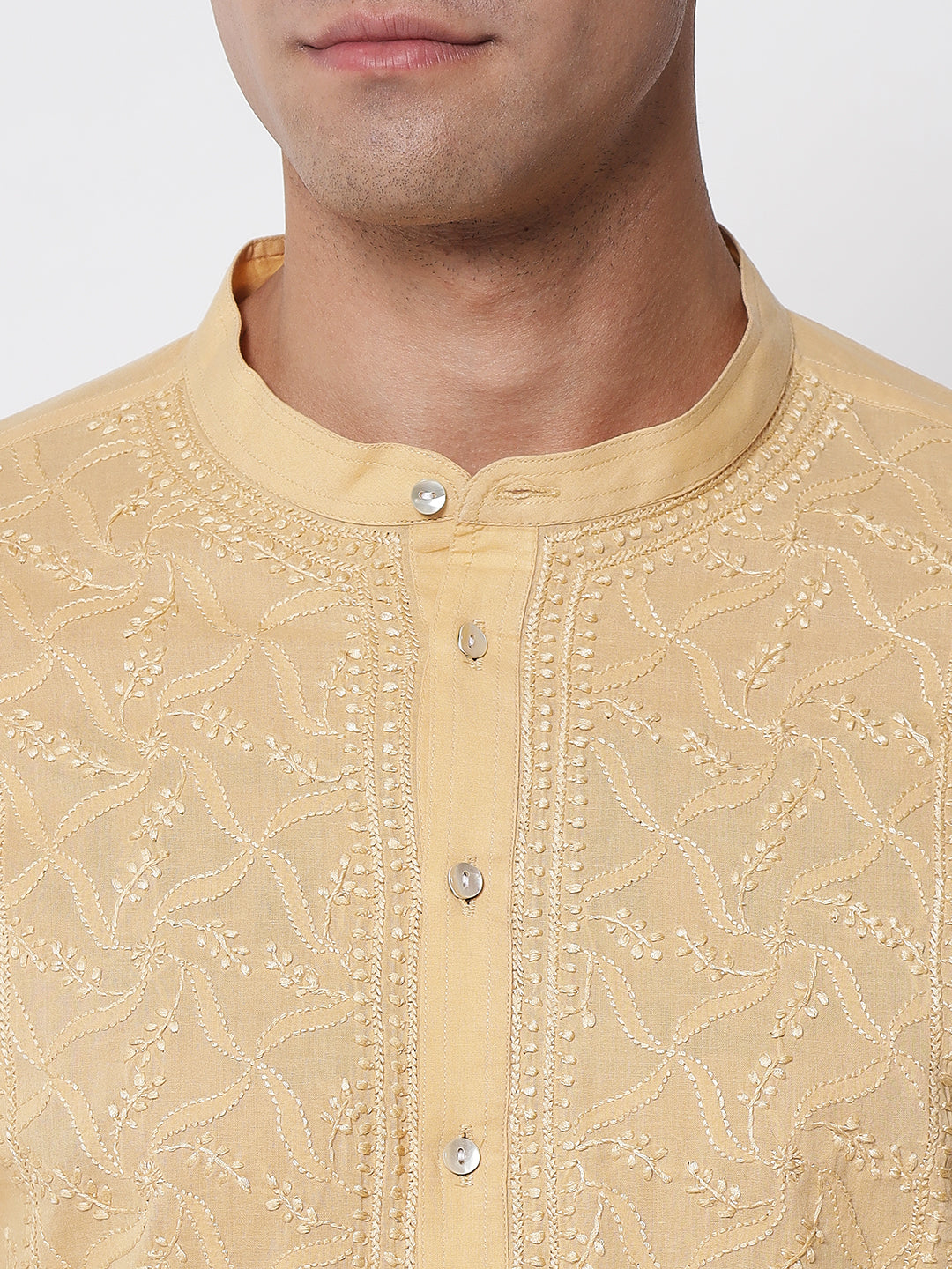 Men's Beige Chikankari Kurta with Central Panel Embroidery