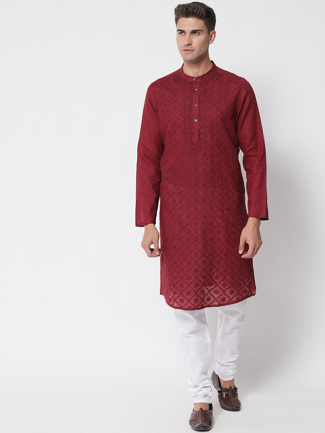 Maroon Cotton Hand-Embroidered Chikankari Kurta