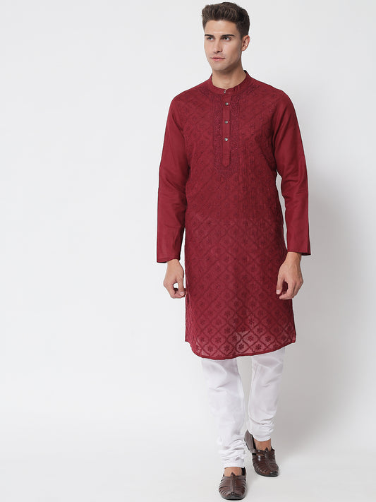 Maroon Cotton Hand-Embroidered Chikankari Kurta