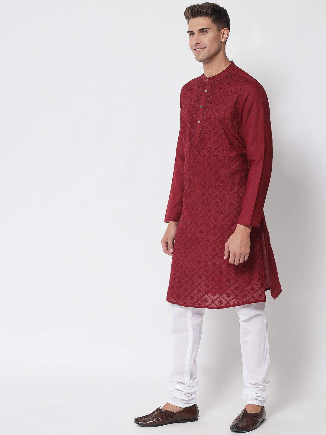 Maroon Cotton Hand-Embroidered Chikankari Kurta