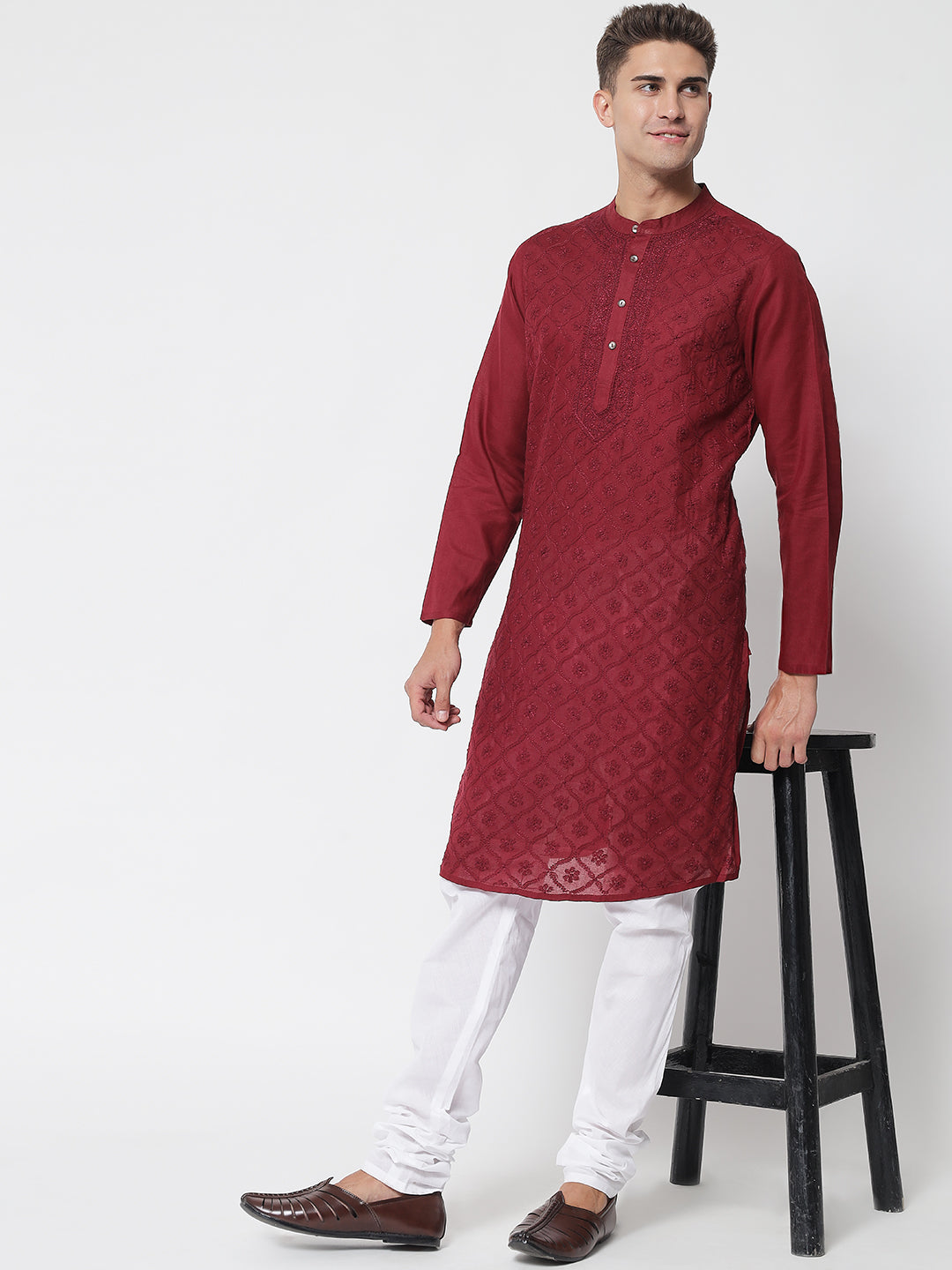Maroon Cotton Hand-Embroidered Chikankari Kurta