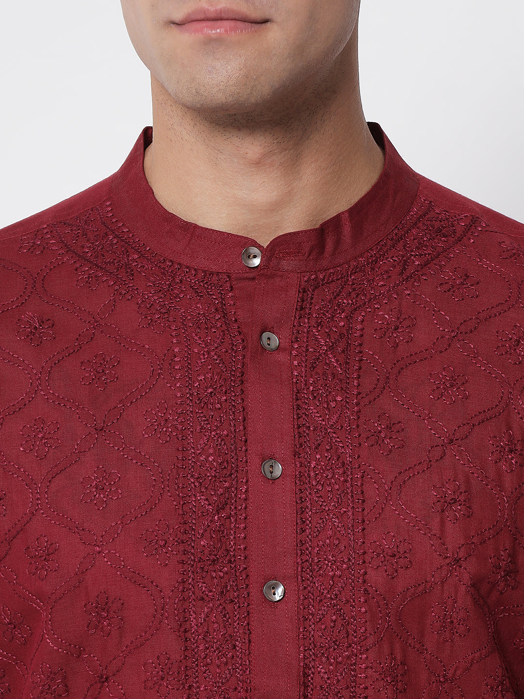 Maroon Cotton Hand-Embroidered Chikankari Kurta