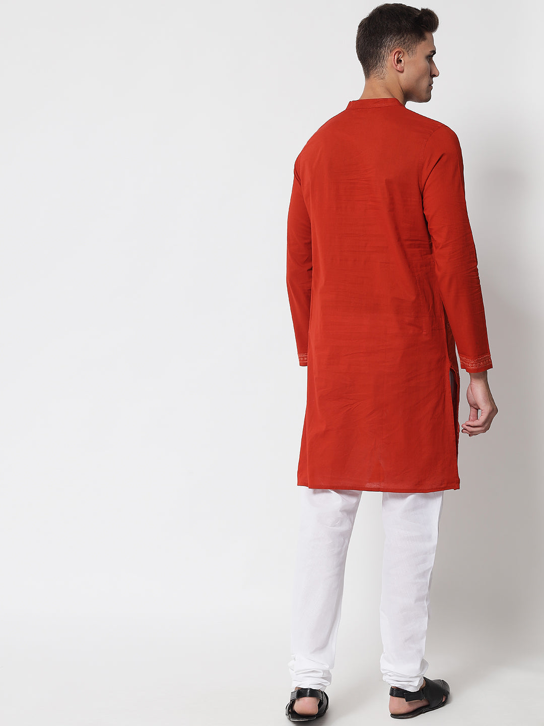 Men's Rust Kurta with Chikankari Hand-Embroidery
