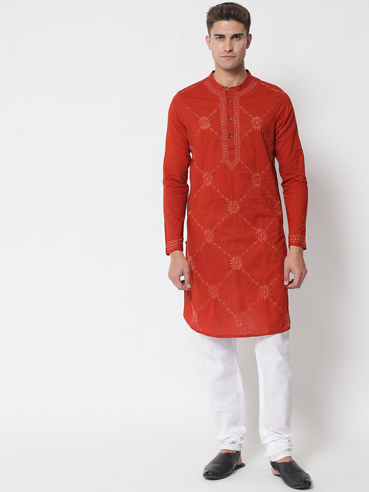 Men's Rust Kurta with Chikankari Hand-Embroidery