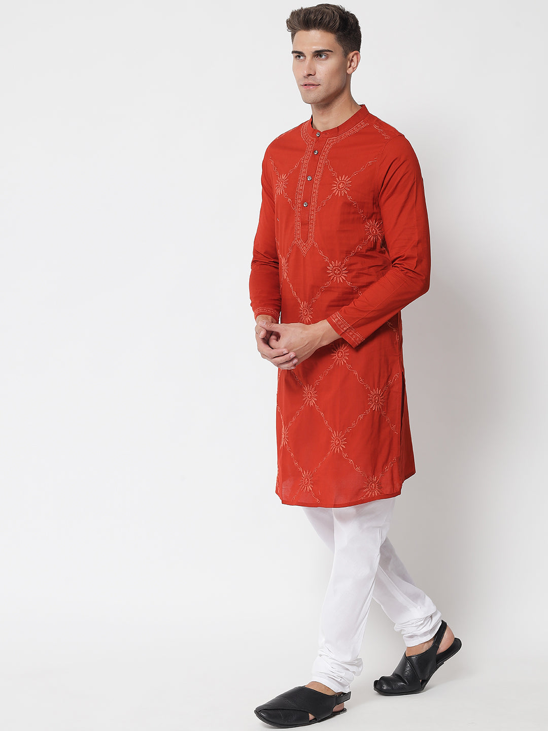 Men's Rust Kurta with Chikankari Hand-Embroidery