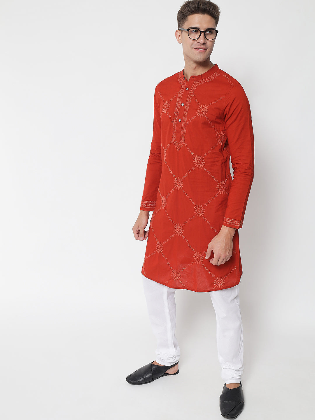 Men's Rust Kurta with Chikankari Hand-Embroidery