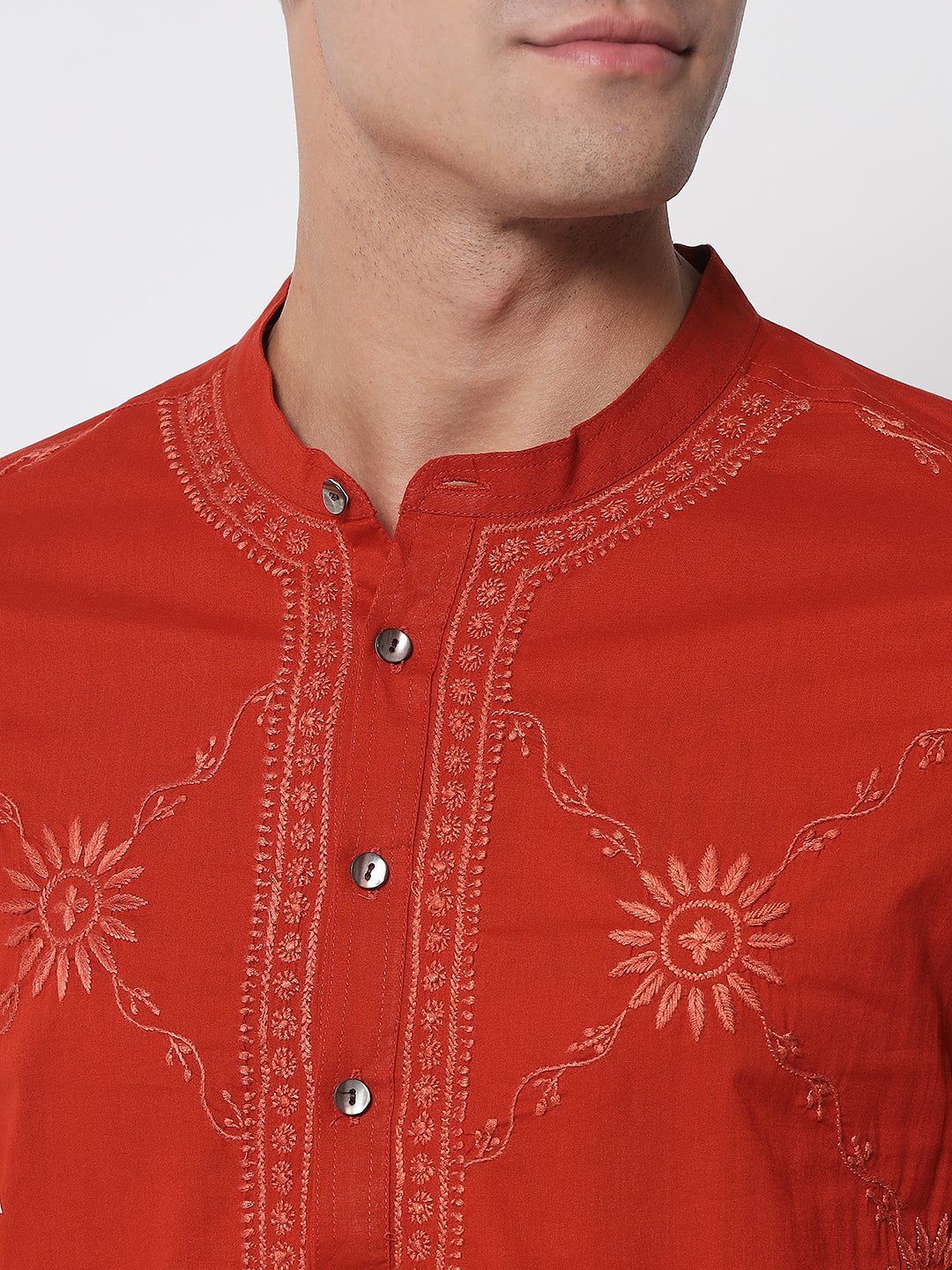 Men's Rust Kurta with Chikankari Hand-Embroidery