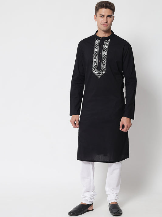 Men's Black Cotton Chikankari Hand-Embroidered Kurta