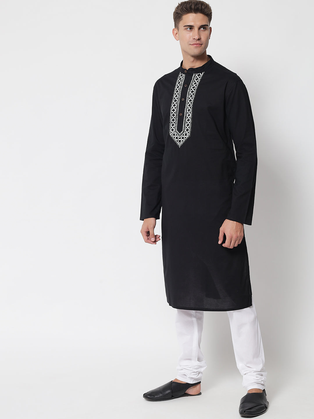 Men's Black Cotton Chikankari Hand-Embroidered Kurta