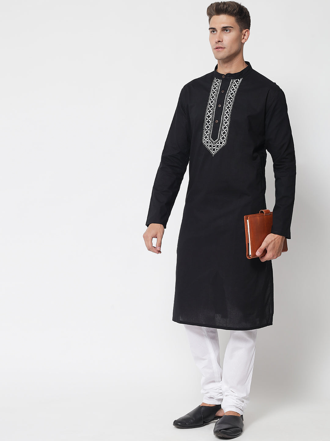 Men's Black Cotton Chikankari Hand-Embroidered Kurta