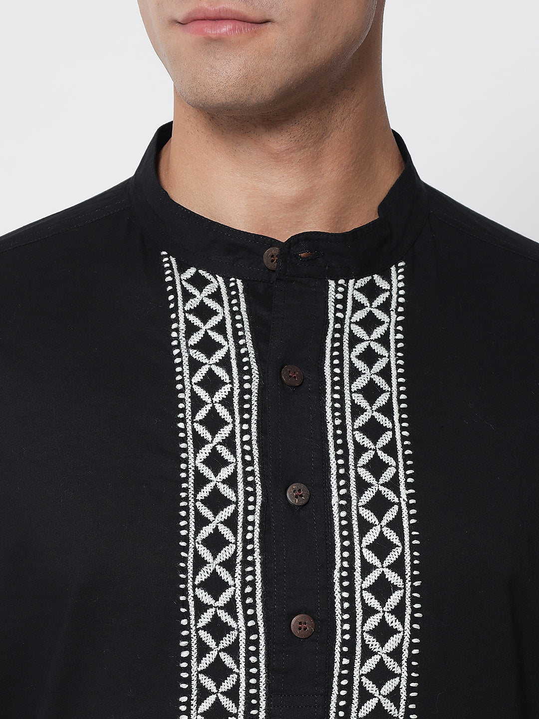 Men's Black Cotton Chikankari Hand-Embroidered Kurta
