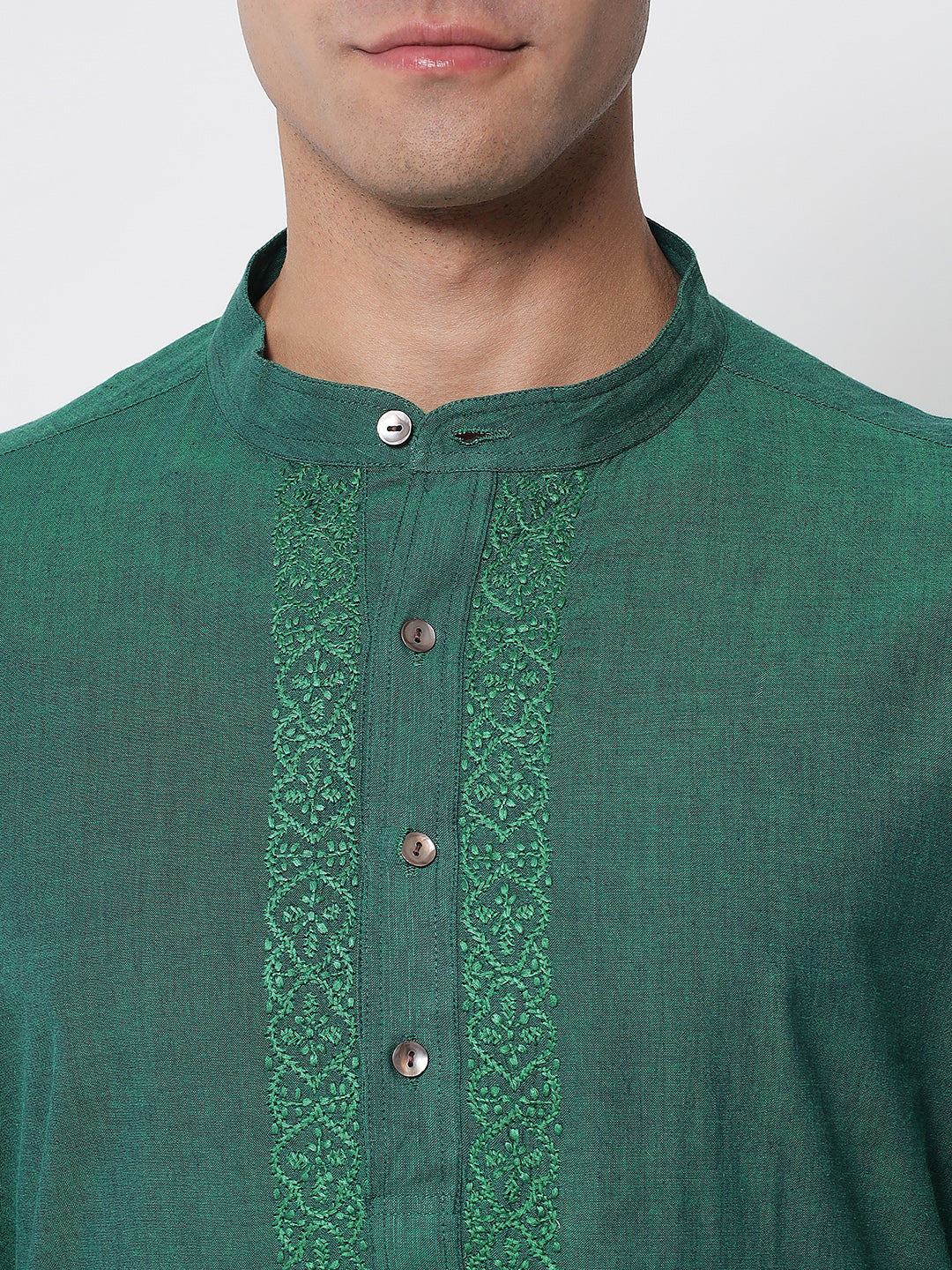 Men's Green Cotton Mangalgiri Chikankari Kurta
