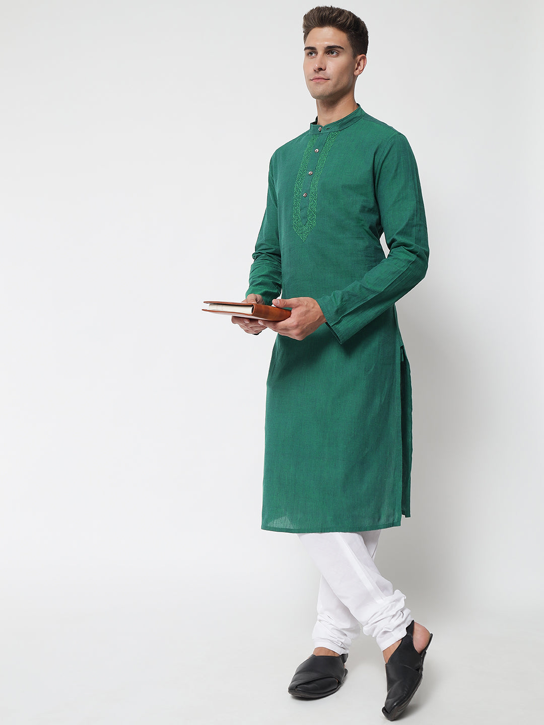 Men's Green Cotton Mangalgiri Chikankari Kurta