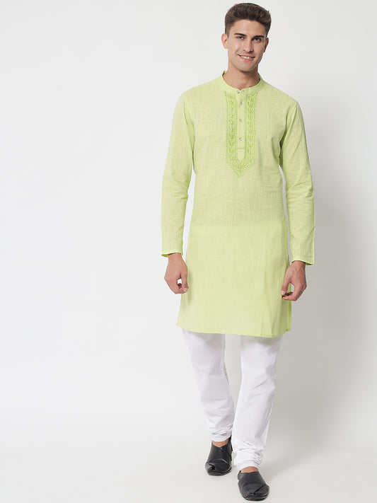 Men's Lime Cotton Slub Chikankari Kurta