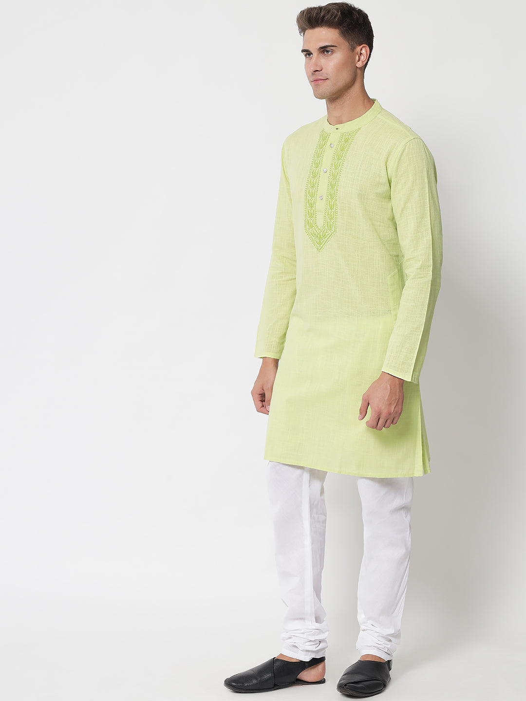 Men's Lime Cotton Slub Chikankari Kurta