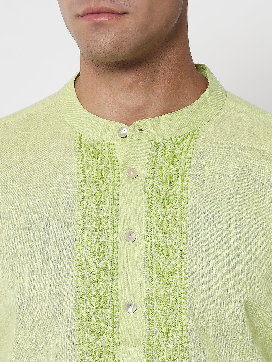 Men's Lime Cotton Slub Chikankari Kurta