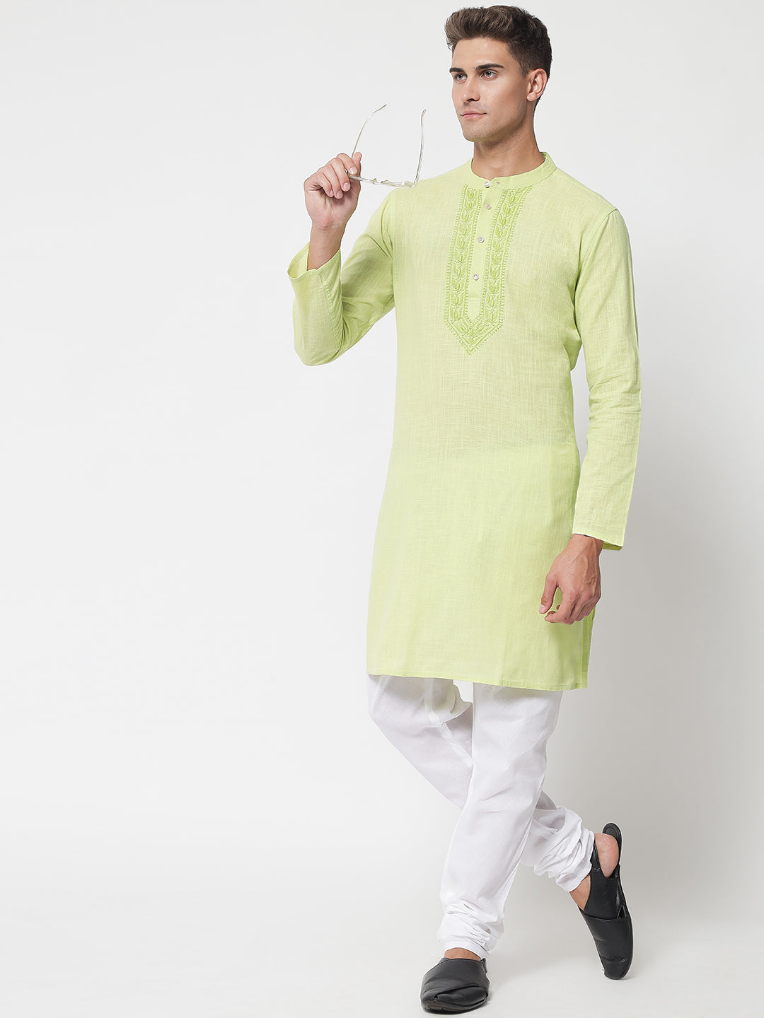 Men's Lime Cotton Slub Chikankari Kurta