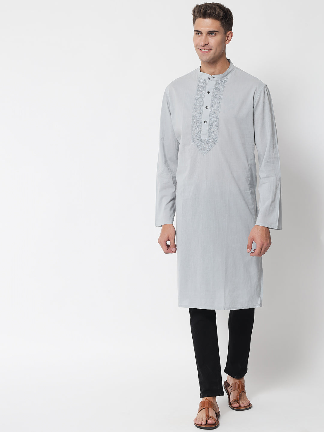 Men's Grey Cotton Chikankari Kurta