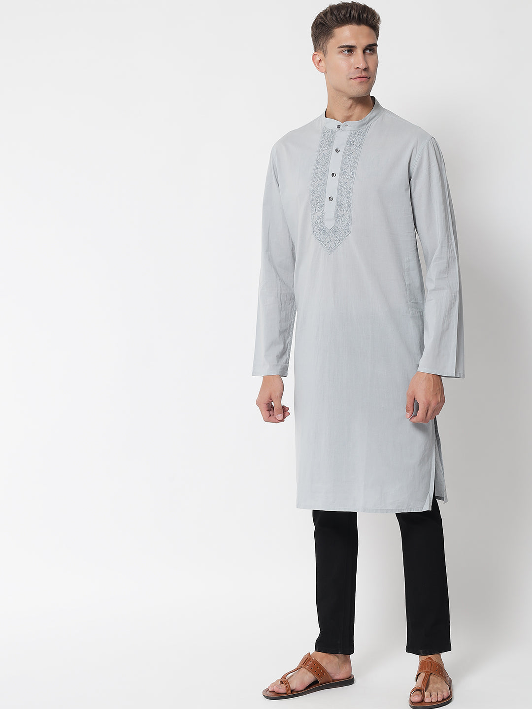 Men's Grey Cotton Chikankari Kurta