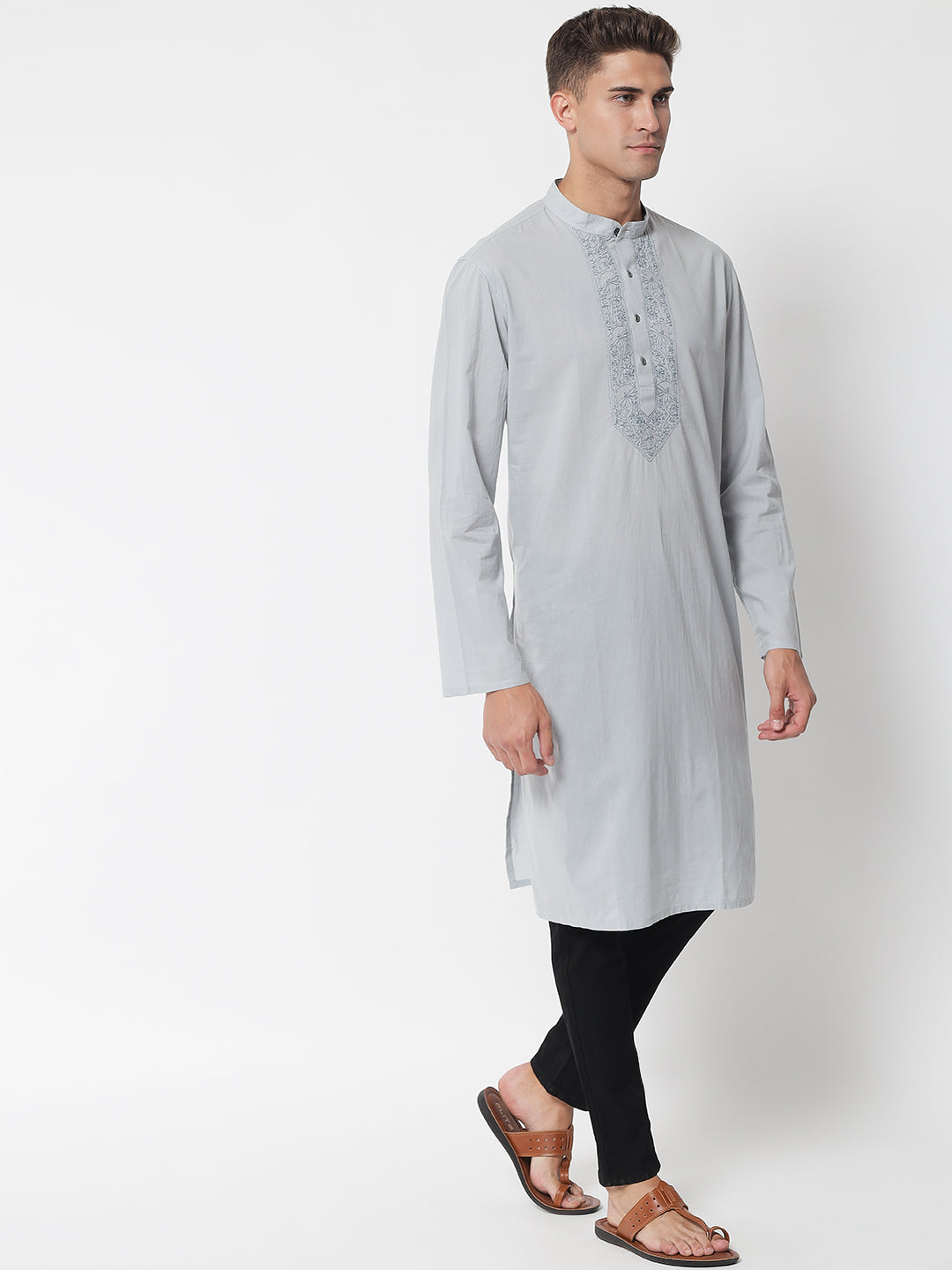 Men's Grey Cotton Chikankari Kurta
