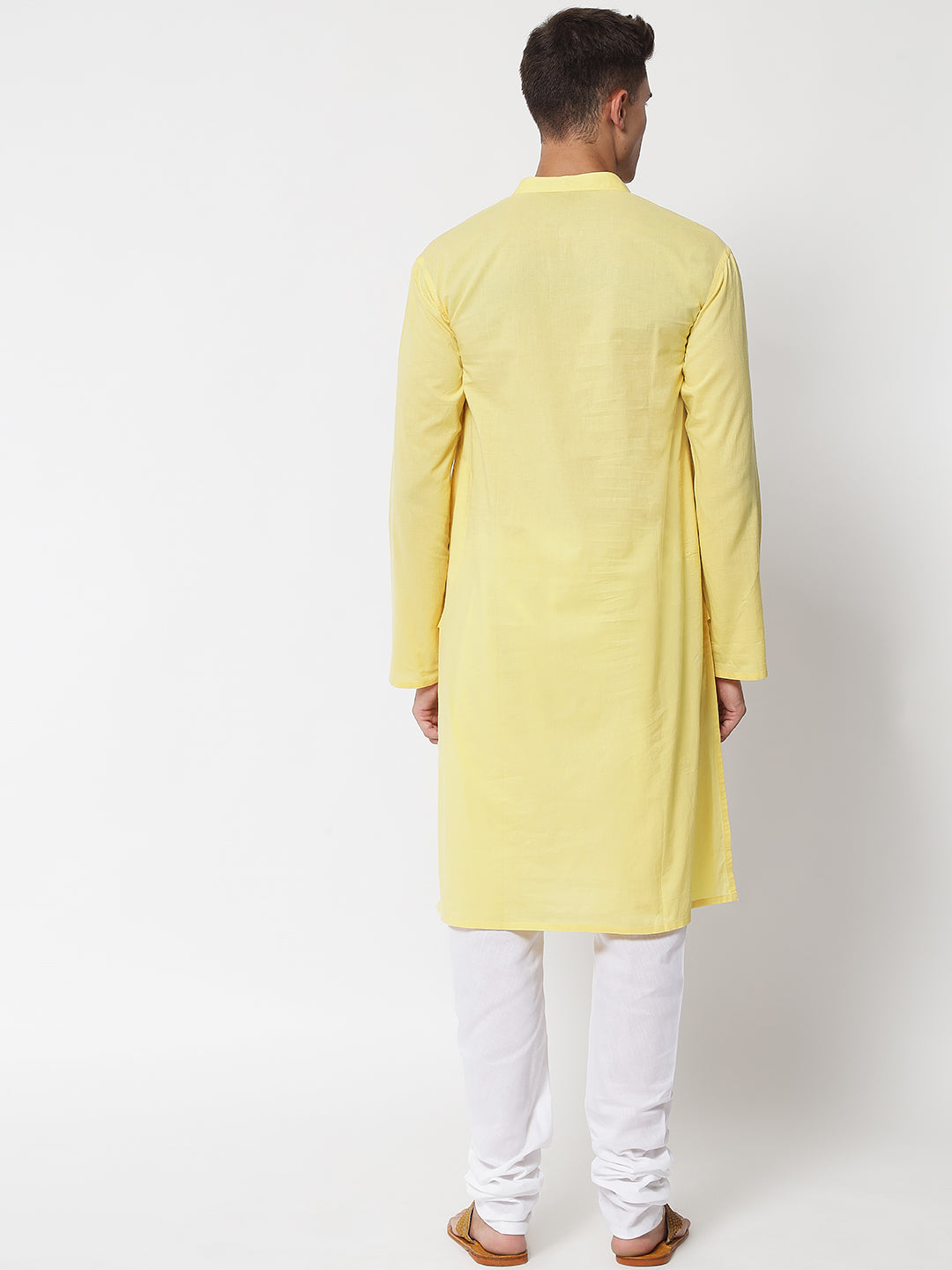 Men's Yellow Cotton Chikankari Hand-Embroidered Kurta