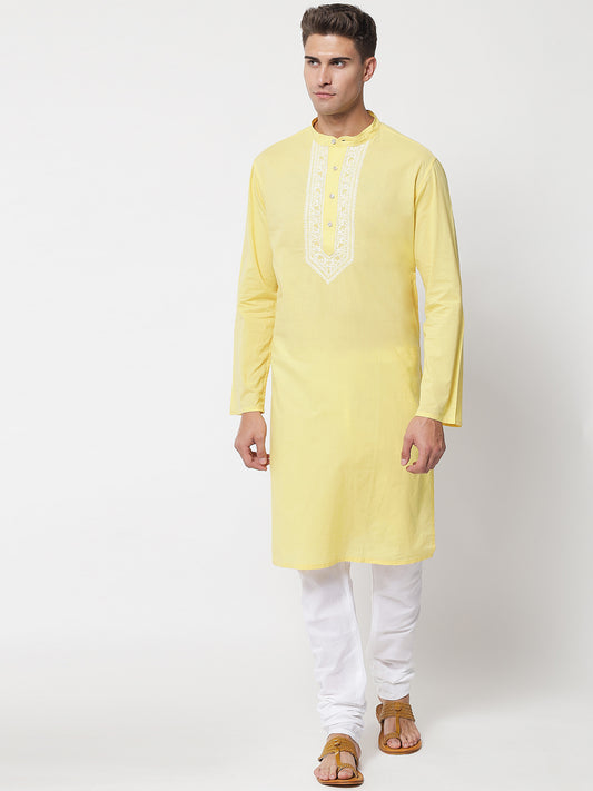 Men's Yellow Cotton Chikankari Hand-Embroidered Kurta