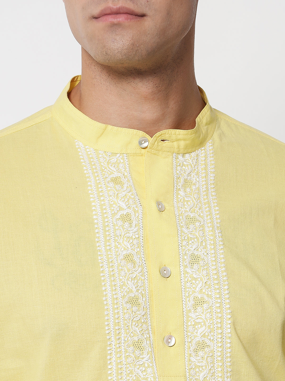 Men's Yellow Cotton Chikankari Hand-Embroidered Kurta