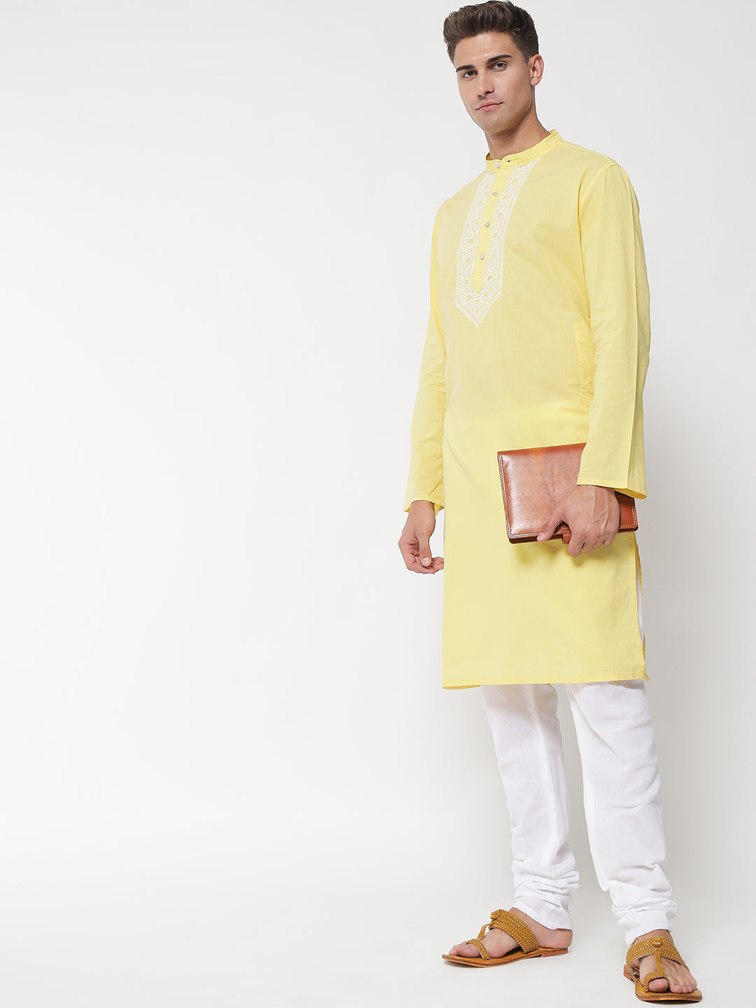 Men's Yellow Cotton Chikankari Hand-Embroidered Kurta