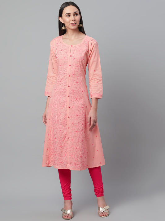Peach & Pink Chikankari Floral Embroidered Kurta