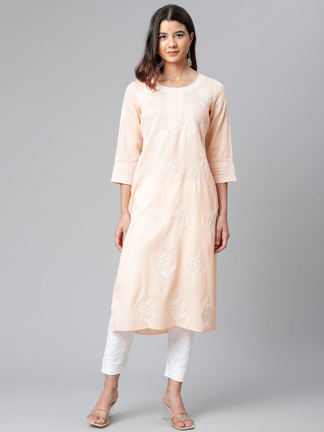 Peach Self Striped Kurta with Off-White Embroidery