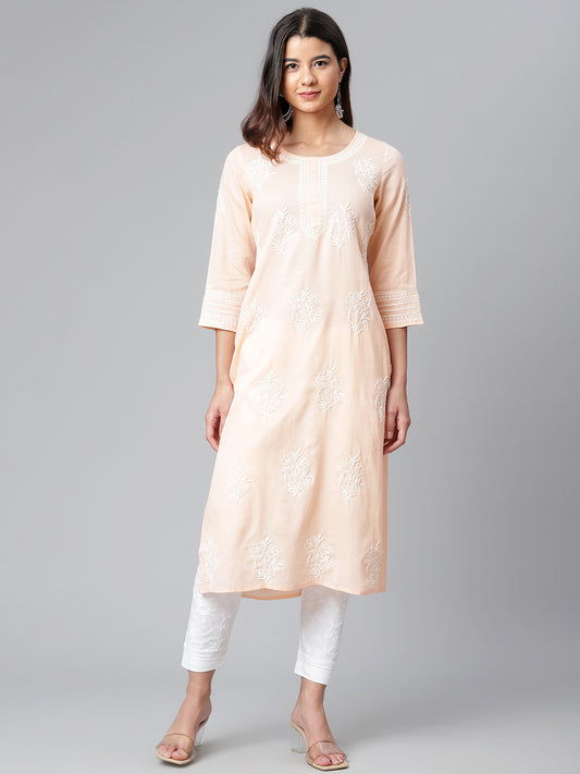 Peach Self Striped Kurta with Off-White Embroidery