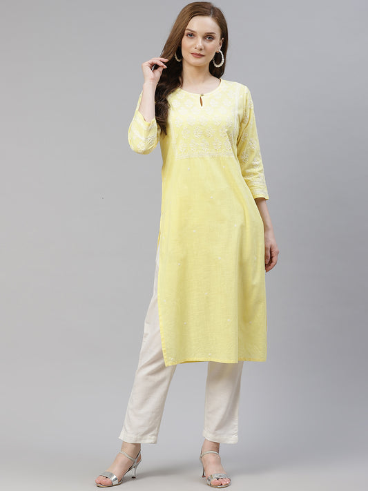 Yellow Cotton Slub Hand-Embroidered Kurta