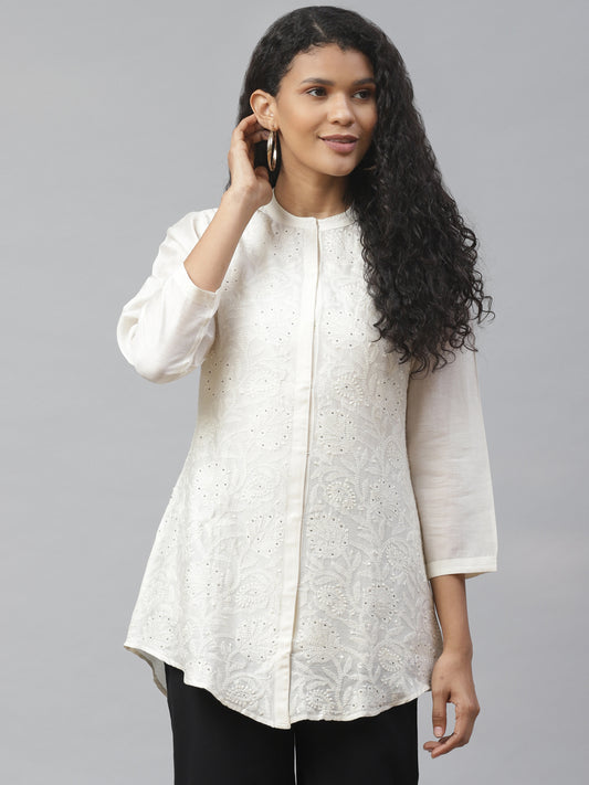 Off White Silk Embroidered Long Shirt