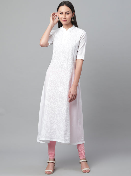 White Chikankari A-line Collared Kurta